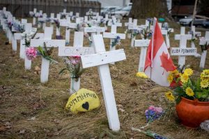 Crosses representing resident who died of COVID-19-Milenio Stadium-Canada