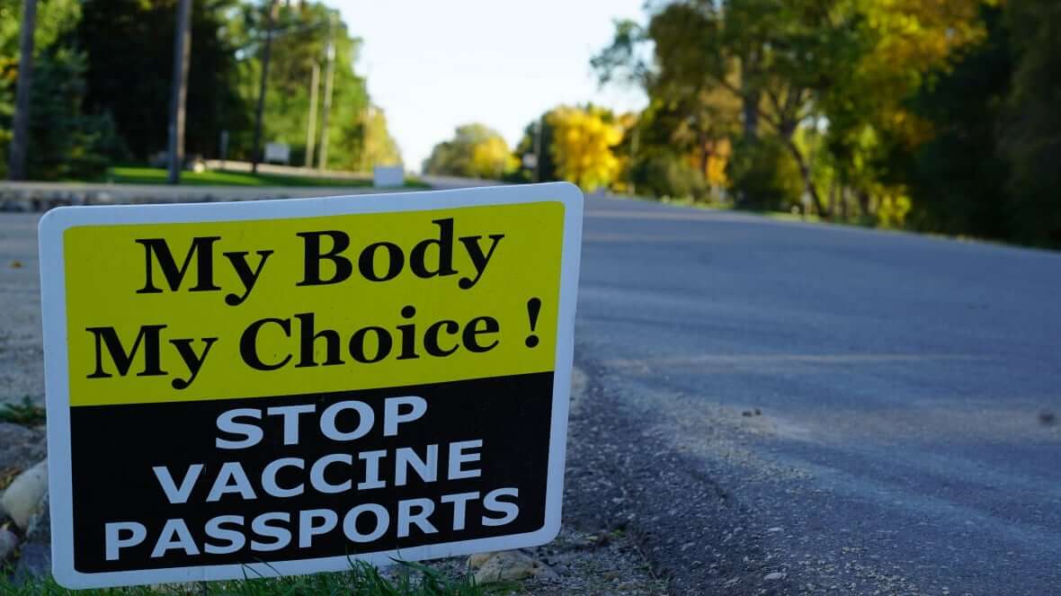 Anti-vaccine sign in Manitoba-Milenio Stadium-Canada